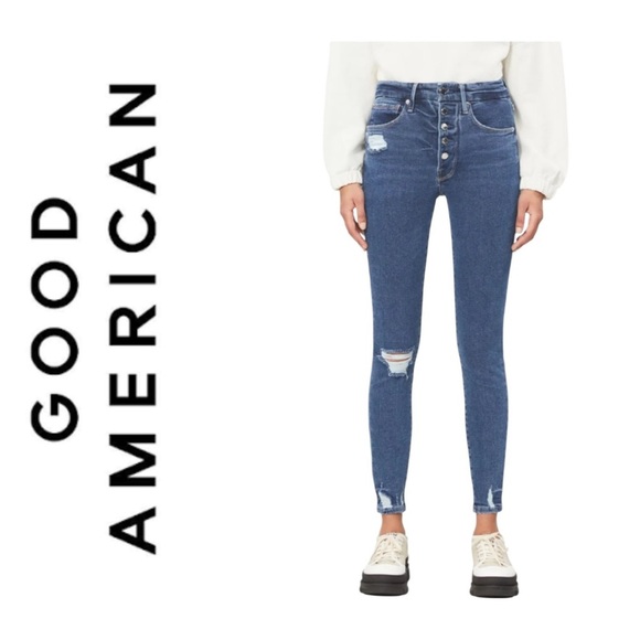 Good American Good Waist Button Fly Distressed Skinny Jeans Size 6/28 - Picture 1 of 8